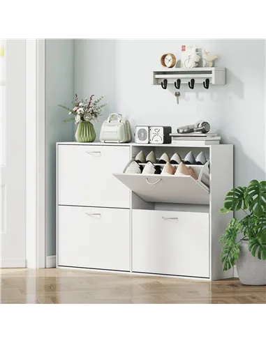 HOMCOM Wooden Modern Design 4 Drawer Shoes Cabinet Pull Down Shelf Storage Organiser - White