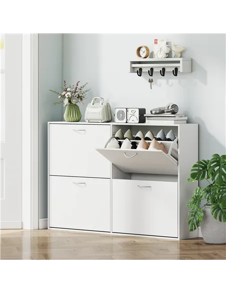HOMCOM Wooden Modern Design 4 Drawer Shoes Cabinet Pull Down Shelf Storage Organiser - White