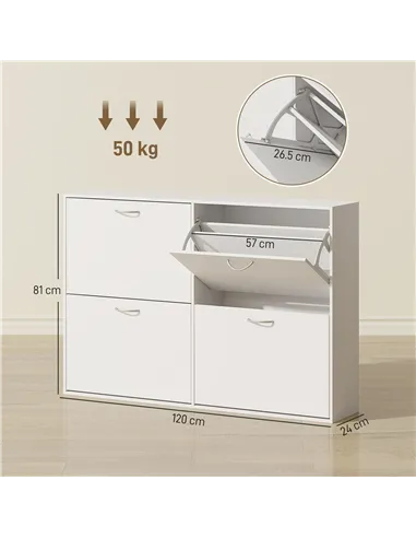 HOMCOM Wooden Modern Design 4 Drawer Shoes Cabinet Pull Down Shelf Storage Organiser - White