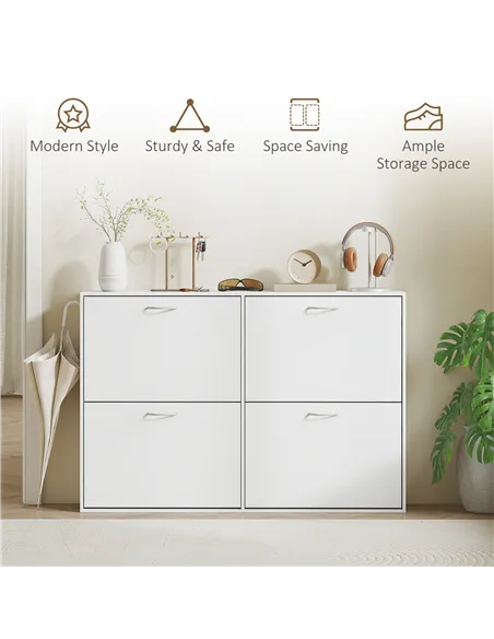 HOMCOM Wooden Modern Design 4 Drawer Shoes Cabinet Pull Down Shelf Storage Organiser - White
