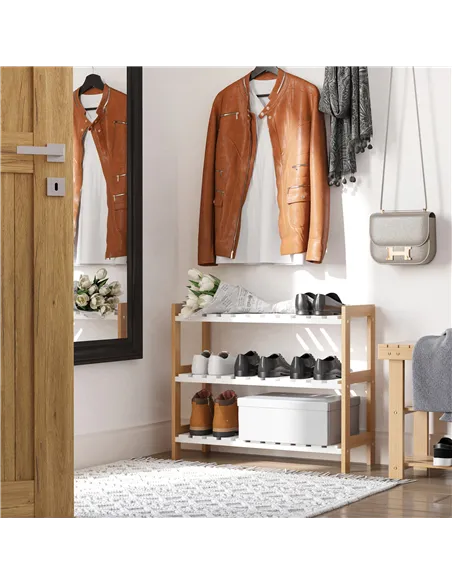 HOMCOM 3-Tier Shoe Rack Wood Frame Slatted Shelves Spacious Open Hygienic Storage Home Hallway Furniture Family Guests 70L x 26W