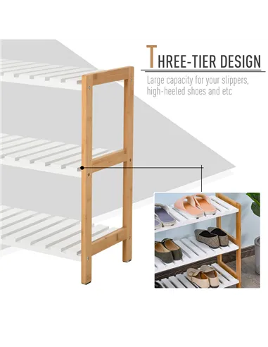 HOMCOM 3-Tier Shoe Rack Wood Frame Slatted Shelves Spacious Open Hygienic Storage Home Hallway Furniture Family Guests 70L x 26W