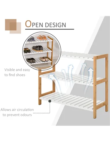 HOMCOM 3-Tier Shoe Rack Wood Frame Slatted Shelves Spacious Open Hygienic Storage Home Hallway Furniture Family Guests 70L x 26W