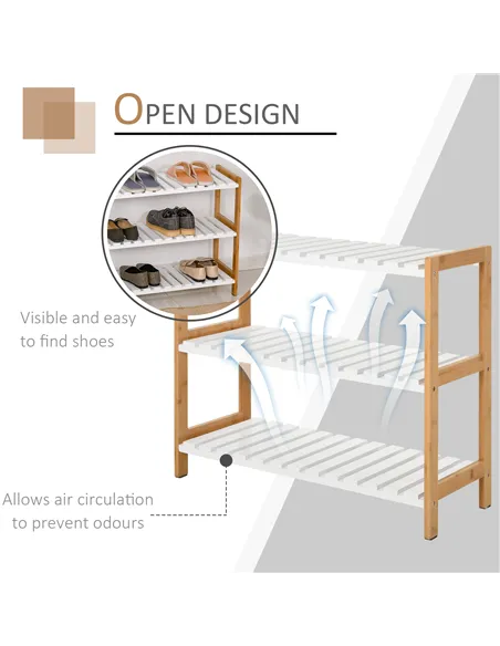 HOMCOM 3-Tier Shoe Rack Wood Frame Slatted Shelves Spacious Open Hygienic Storage Home Hallway Furniture Family Guests 70L x 26W