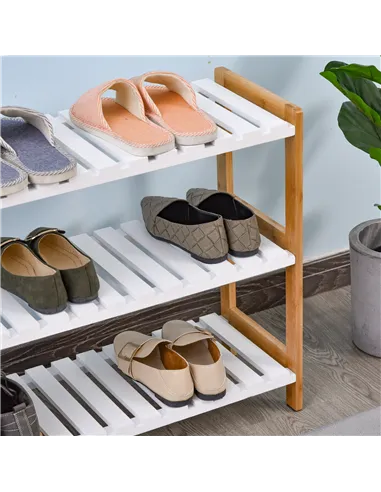 HOMCOM 3-Tier Shoe Rack Wood Frame Slatted Shelves Spacious Open Hygienic Storage Home Hallway Furniture Family Guests 70L x 26W