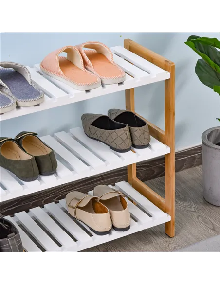 HOMCOM 3-Tier Shoe Rack Wood Frame Slatted Shelves Spacious Open Hygienic Storage Home Hallway Furniture Family Guests 70L x 26W