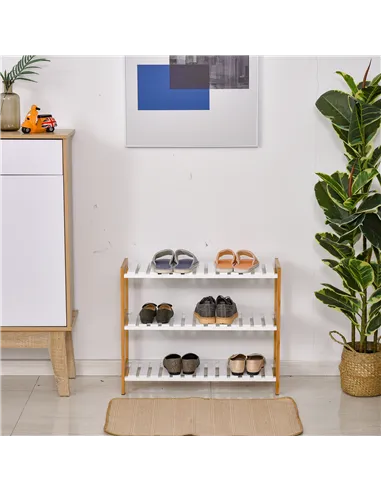 HOMCOM 3-Tier Shoe Rack Wood Frame Slatted Shelves Spacious Open Hygienic Storage Home Hallway Furniture Family Guests 70L x 26W