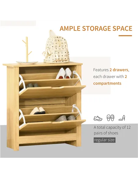 HOMCOM Narrow Shoe Cabinet, Space Saving Shoe Storage Cabinet with 2 Flip Drawers and Adjustable Shelves for 6-12 Pairs of Shoes