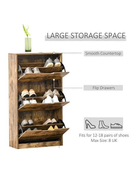 HOMCOM Industrial Shoe Cabinet with 3 Flip Drawers, Narrow Shoe Storage Cabinet for 18 Pairs, Freestanding Slim Shoe Storage Org