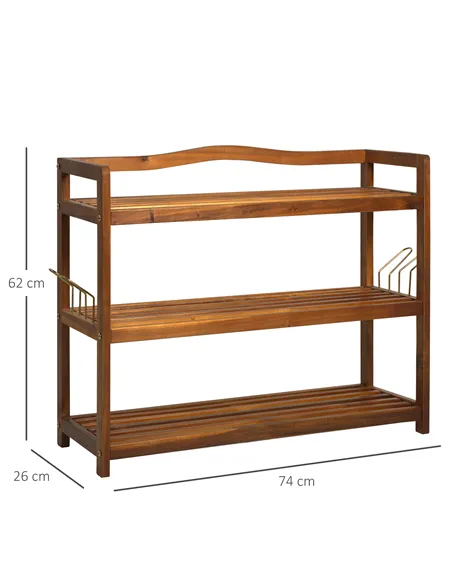HOMCOM 3-Tier Shoe Rack, Acacia Wooden Shoe Storage Organiser with 2 Hangers, Holds up to 12 Pairs, for Entryway, Living Room, 7
