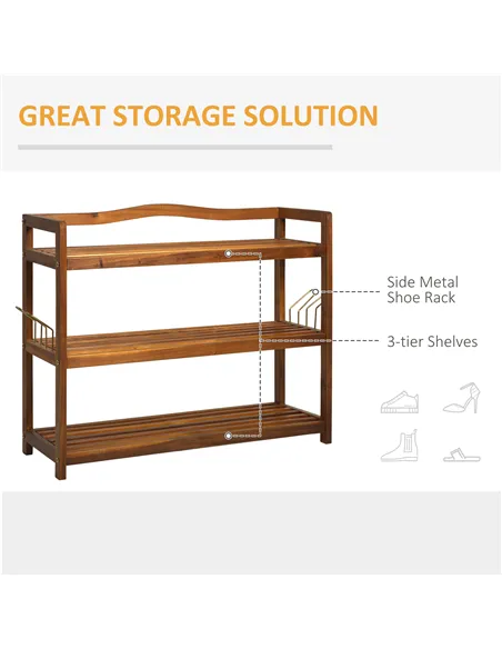 HOMCOM 3-Tier Shoe Rack, Acacia Wooden Shoe Storage Organiser with 2 Hangers, Holds up to 12 Pairs, for Entryway, Living Room, 7