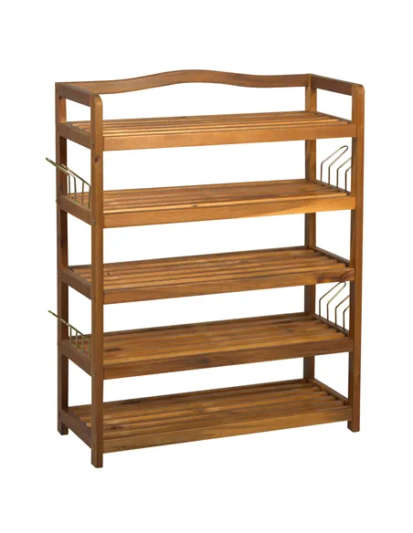 HOMCOM 5-Tier Shoe Rack, Acacia Wooden Shoe Storage Organiser with Hangers, Holds up to 19 Pairs, for Entryway, Living Room, 64 