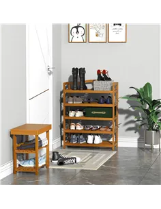 HOMCOM 5-Tier Shoe Rack, Acacia Wooden Shoe Storage Organiser with Hangers, Holds up to 19 Pairs, for Entryway, Living Room, 64  2