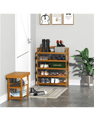 HOMCOM 5-Tier Shoe Rack, Acacia Wooden Shoe Storage Organiser with Hangers, Holds up to 19 Pairs, for Entryway, Living Room, 64 