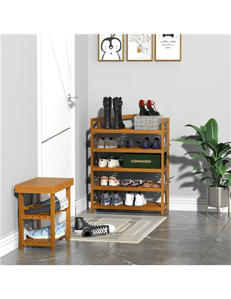 HOMCOM 5-Tier Shoe Rack, Acacia Wooden Shoe Storage Organiser with Hangers, Holds up to 19 Pairs, for Entryway, Living Room, 64 