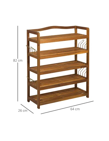 HOMCOM 5-Tier Shoe Rack, Acacia Wooden Shoe Storage Organiser with Hangers, Holds up to 19 Pairs, for Entryway, Living Room, 64 
