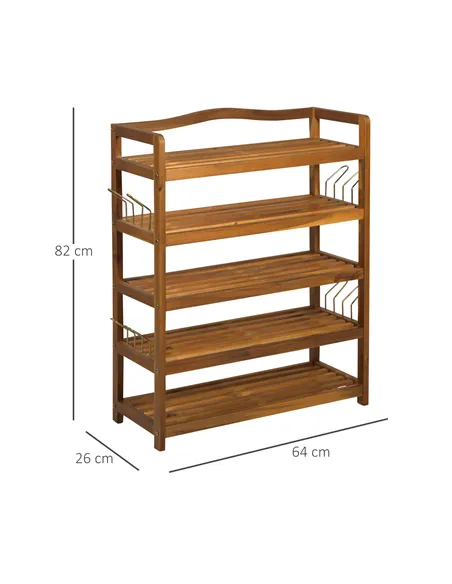 HOMCOM 5-Tier Shoe Rack, Acacia Wooden Shoe Storage Organiser with Hangers, Holds up to 19 Pairs, for Entryway, Living Room, 64 