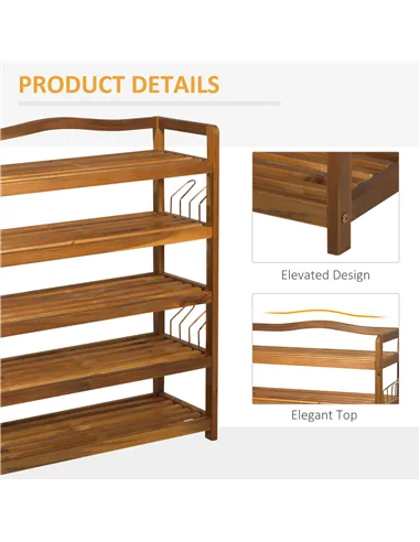 HOMCOM 5-Tier Shoe Rack, Acacia Wooden Shoe Storage Organiser with Hangers, Holds up to 19 Pairs, for Entryway, Living Room, 64 