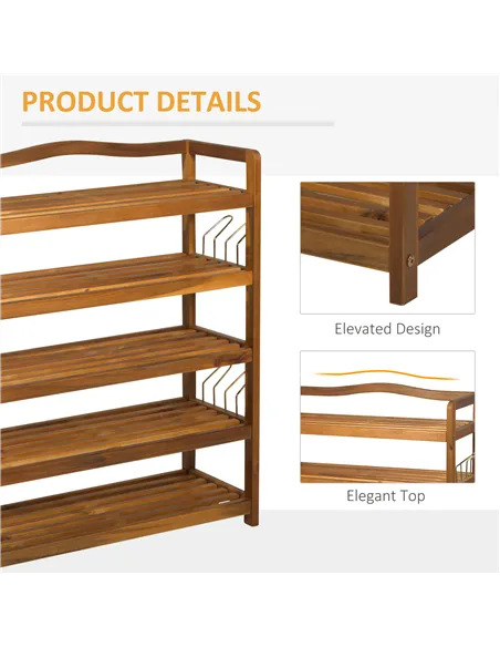 HOMCOM 5-Tier Shoe Rack, Acacia Wooden Shoe Storage Organiser with Hangers, Holds up to 19 Pairs, for Entryway, Living Room, 64 