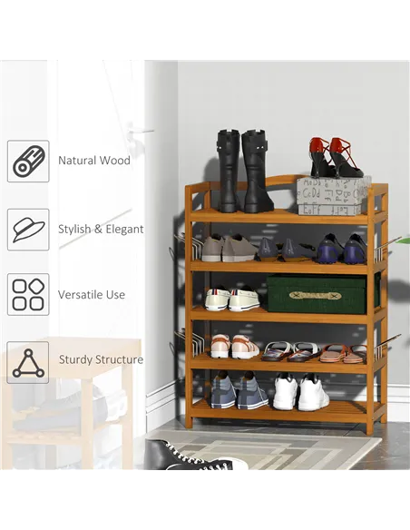 HOMCOM 5-Tier Shoe Rack, Acacia Wooden Shoe Storage Organiser with Hangers, Holds up to 19 Pairs, for Entryway, Living Room, 64 
