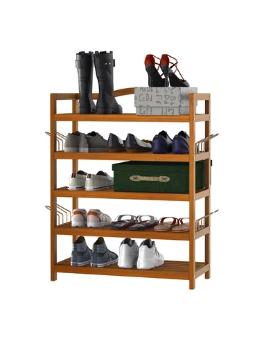 HOMCOM 5-Tier Shoe Rack, Acacia Wooden Shoe Storage Organiser with Hangers, Holds up to 19 Pairs, for Entryway, Living Room, 64 