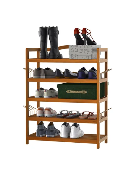 HOMCOM 5-Tier Shoe Rack, Acacia Wooden Shoe Storage Organiser with Hangers, Holds up to 19 Pairs, for Entryway, Living Room, 64 