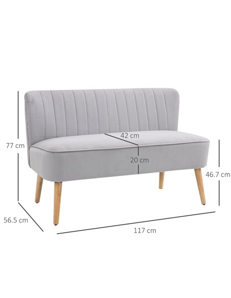 HOMCOM Modern Velvet Double Seat Sofa w/ Wood Frame Foam Padding High Back Soft Comfortable Compact Couch Grey