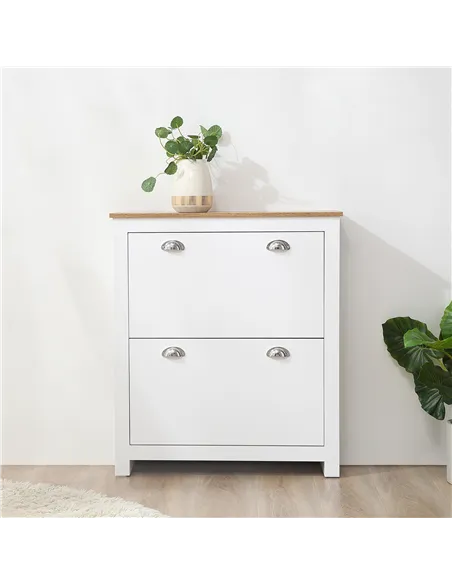 HOMCOM 2 Drawer Shoe Cabinet Modern Narrow Shoe Cupboard Hallway Wooden Storage Organiser with Flip Doors Adjustable Shelf for 6