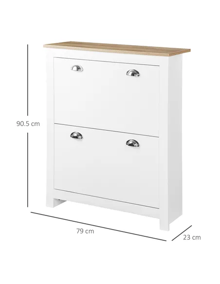 HOMCOM 2 Drawer Shoe Cabinet Modern Narrow Shoe Cupboard Hallway Wooden Storage Organiser with Flip Doors Adjustable Shelf for 6