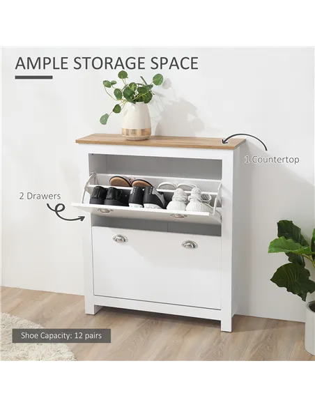 HOMCOM 2 Drawer Shoe Cabinet Modern Narrow Shoe Cupboard Hallway Wooden Storage Organiser with Flip Doors Adjustable Shelf for 6
