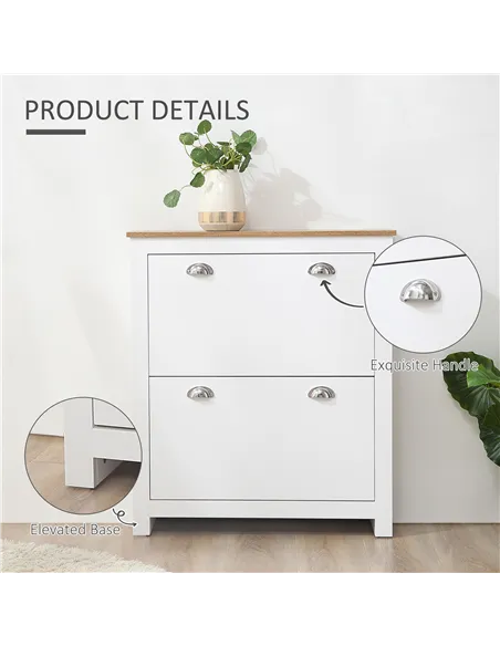HOMCOM 2 Drawer Shoe Cabinet Modern Narrow Shoe Cupboard Hallway Wooden Storage Organiser with Flip Doors Adjustable Shelf for 6