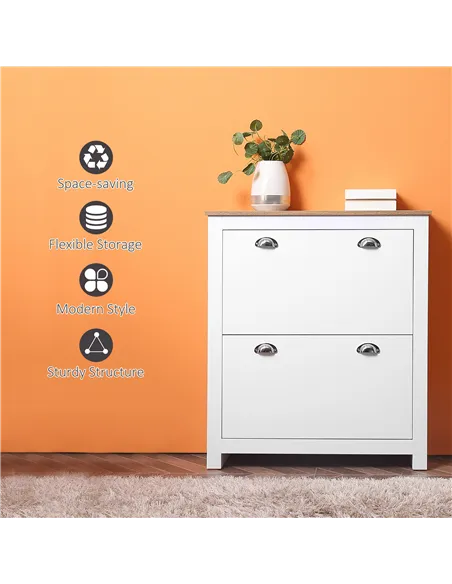 HOMCOM 2 Drawer Shoe Cabinet Modern Narrow Shoe Cupboard Hallway Wooden Storage Organiser with Flip Doors Adjustable Shelf for 6