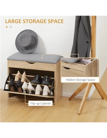 HOMCOM Shoe Bench with Cushion for 4 Pair of Shoes, Storage Bench with Padded Seat, Flip-up Cabinet and Hidden Space for Entrywa