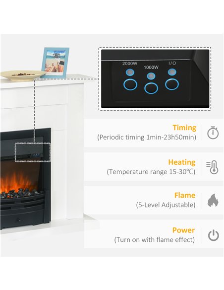 HOMCOM Electric Firplace Suites & Mantelpiece w/LED Flames Remote Marble Stone Modern Curved Surround Intelligent Safe Tempered 