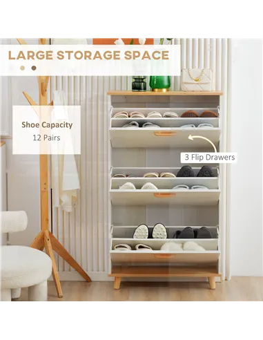 HOMCOM Narrow Shoe Cabinet, Slim Shoe Storage Cabinet with 3 Flip Drawers and Adjustable Shelves, 12 Pair of Shoes Organizer for