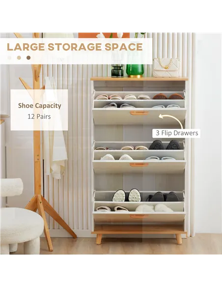 HOMCOM Narrow Shoe Cabinet, Slim Shoe Storage Cabinet with 3 Flip Drawers and Adjustable Shelves, 12 Pair of Shoes Organizer for