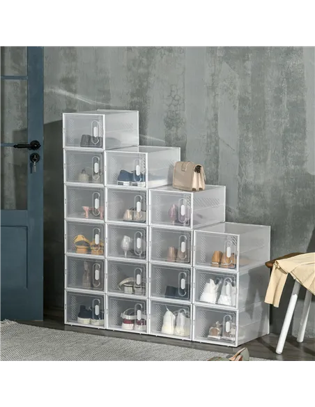 HOMCOM 18PCS Clear Shoe Box, Plastic Stackable Shoe Storage Box for UK/EU Size up to 8.5/43 with Magnetic Door for Women/Men, 25