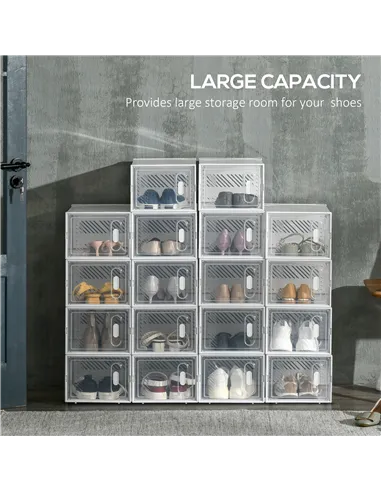 HOMCOM 18PCS Clear Shoe Box, Plastic Stackable Shoe Storage Box for UK/EU Size up to 8.5/43 with Magnetic Door for Women/Men, 25