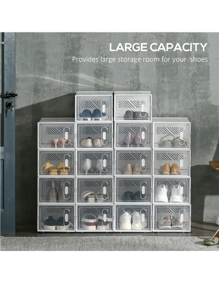 HOMCOM 18PCS Clear Shoe Box, Plastic Stackable Shoe Storage Box for UK/EU Size up to 8.5/43 with Magnetic Door for Women/Men, 25