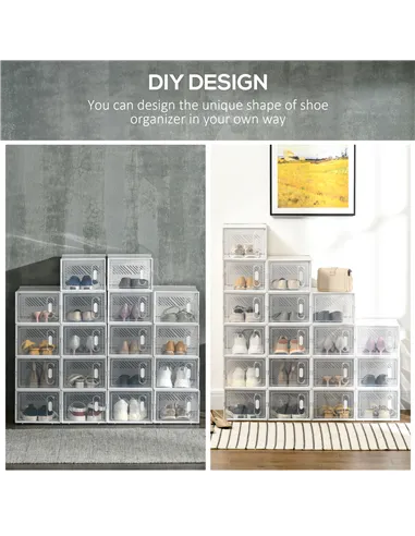 HOMCOM 18PCS Clear Shoe Box, Plastic Stackable Shoe Storage Box for UK/EU Size up to 8.5/43 with Magnetic Door for Women/Men, 25