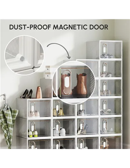 HOMCOM 18PCS Clear Shoe Box, Plastic Stackable Shoe Storage Box for UK/EU Size up to 12/46 with Magnetic Door for Women/Men, 28 