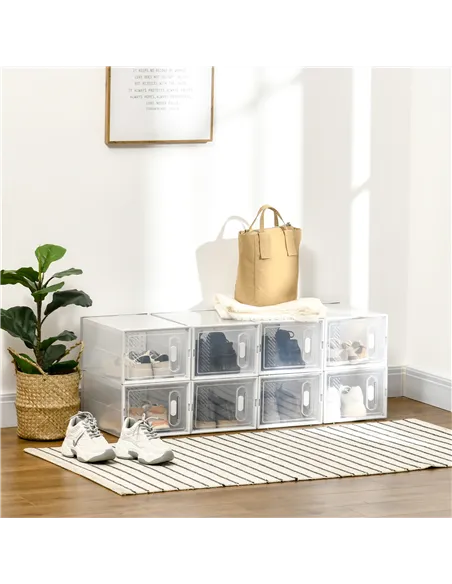 HOMCOM 8PCS Clear Shoe Box, Plastic Stackable Shoe Storage Box for UK/EU Size up to 8.5/43 with Magnetic Door for Women/Men, 25 