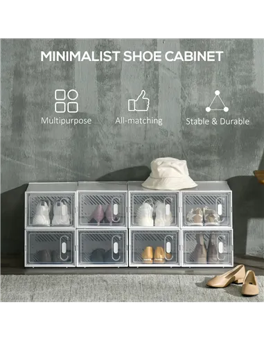 HOMCOM 8PCS Clear Shoe Box, Plastic Stackable Shoe Storage Box for UK/EU Size up to 8.5/43 with Magnetic Door for Women/Men, 25 