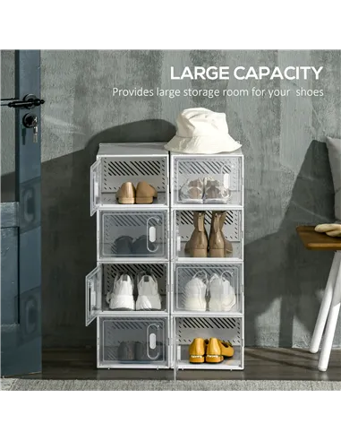 HOMCOM 8PCS Clear Shoe Box, Plastic Stackable Shoe Storage Box for UK/EU Size up to 8.5/43 with Magnetic Door for Women/Men, 25 