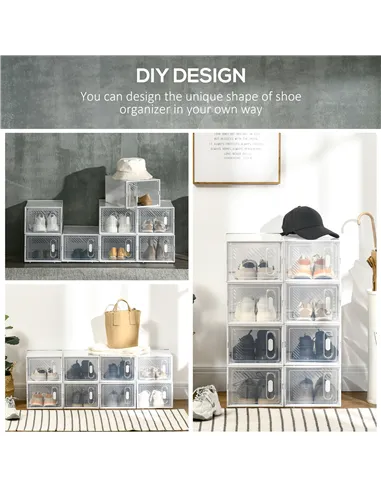 HOMCOM 8PCS Clear Shoe Box, Plastic Stackable Shoe Storage Box for UK/EU Size up to 8.5/43 with Magnetic Door for Women/Men, 25 