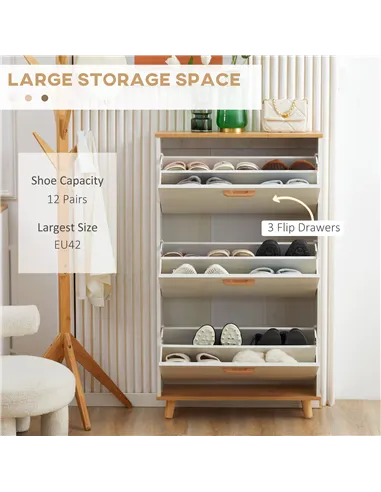 HOMCOM Narrow Shoe Cabinet, Slim Shoe Storage Cabinet with 3 Flip Drawers and Adjustable Shelves, 12 Pair of Shoes Organizer for