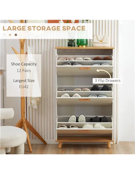 HOMCOM Narrow Shoe Cabinet, Slim Shoe Storage Cabinet with 3 Flip Drawers and Adjustable Shelves, 12 Pair of Shoes Organizer for