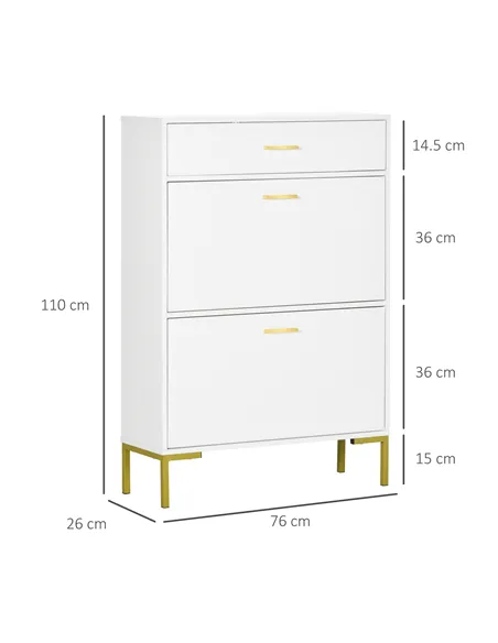 HOMCOM Three Drawer Slim Shoe Storage Cabinet, 12 Shoe Pairs - White