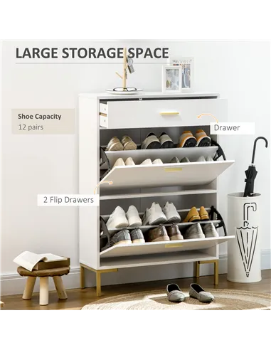 HOMCOM Three Drawer Slim Shoe Storage Cabinet, 12 Shoe Pairs - White