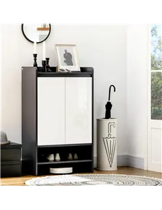 HOMCOM High Gloss Shoe Cabinet with White Doors and Open Shelves, Hallway Shoe Cupboard Storage Organiser for 15 Pairs of Shoes, 2
